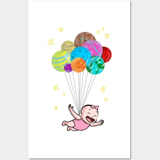 Space Travel Happy Flying Baby Balloon Planets Posters and Art